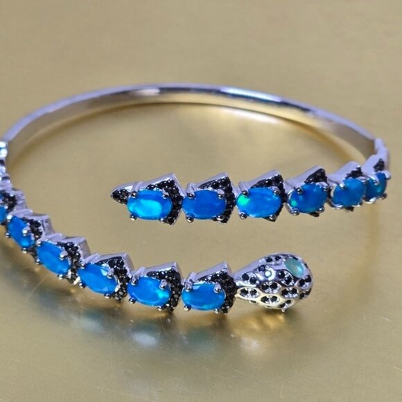 Natural Blue Opal, Emerald & Spinel 925 Sterling Silver Snake Bangle Bracelet - Picture 3 of 7